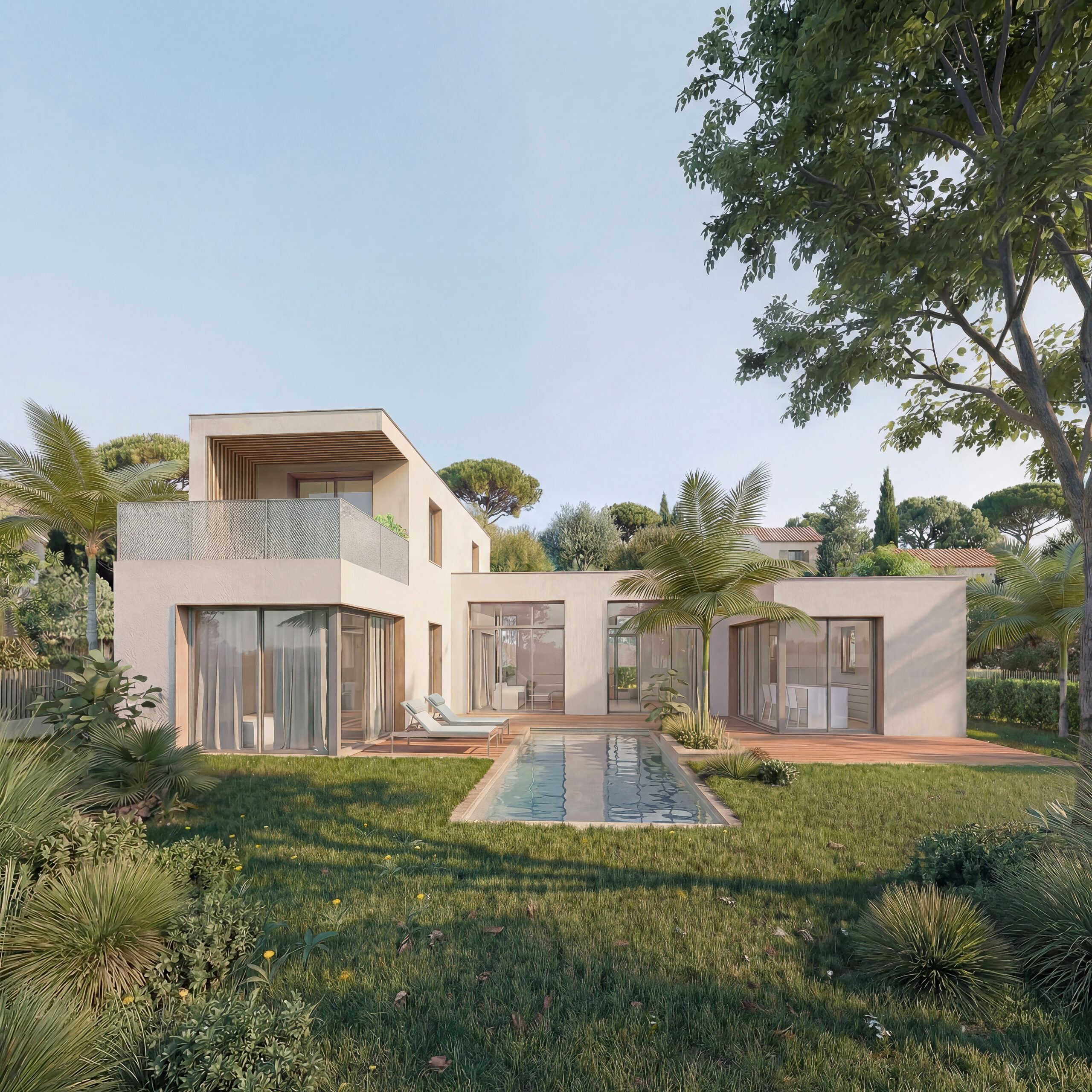 Vue extérieure de la Maison T depuis le jardin à Ajaccio
